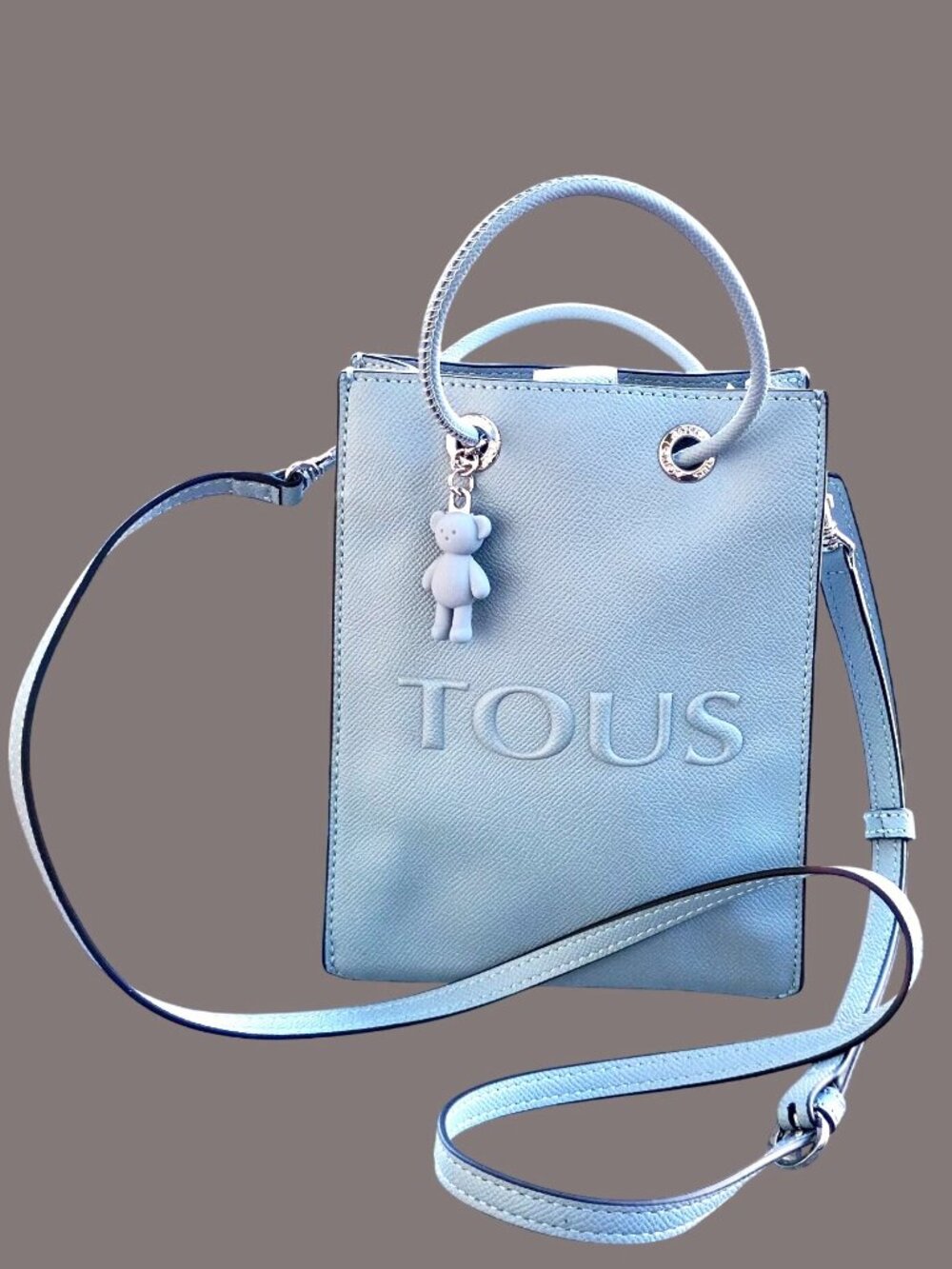 Tous Small Crossbody Tote Bag Light Blue Textured Leather With Bear Charm & Stra